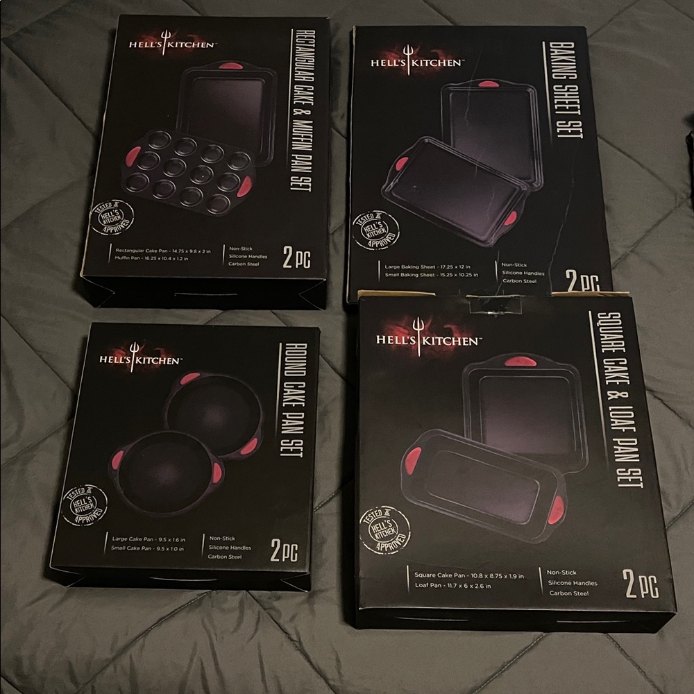 8 pc. Hell's Kitchen Bakeware Set with Red Accents.
